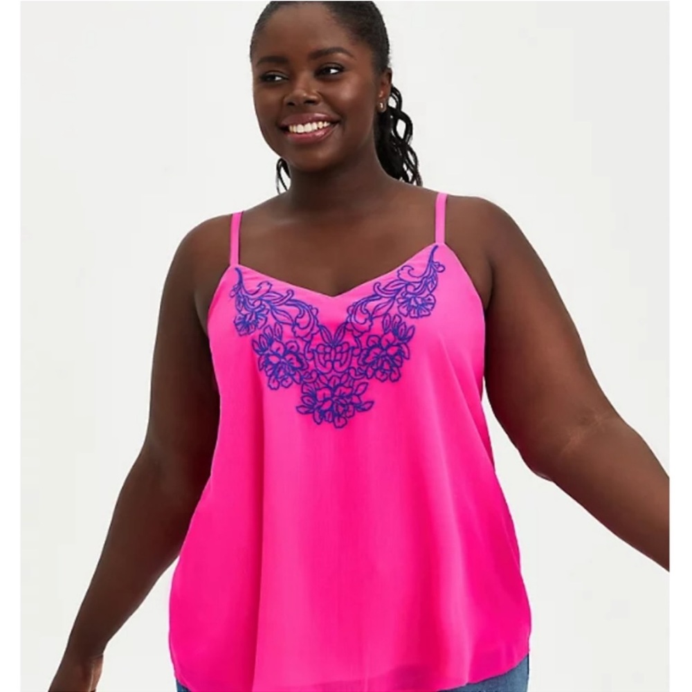 NWT: TORRID Sophie Embroidered Tank Pink Glow w/ Royal Blue Embroidery